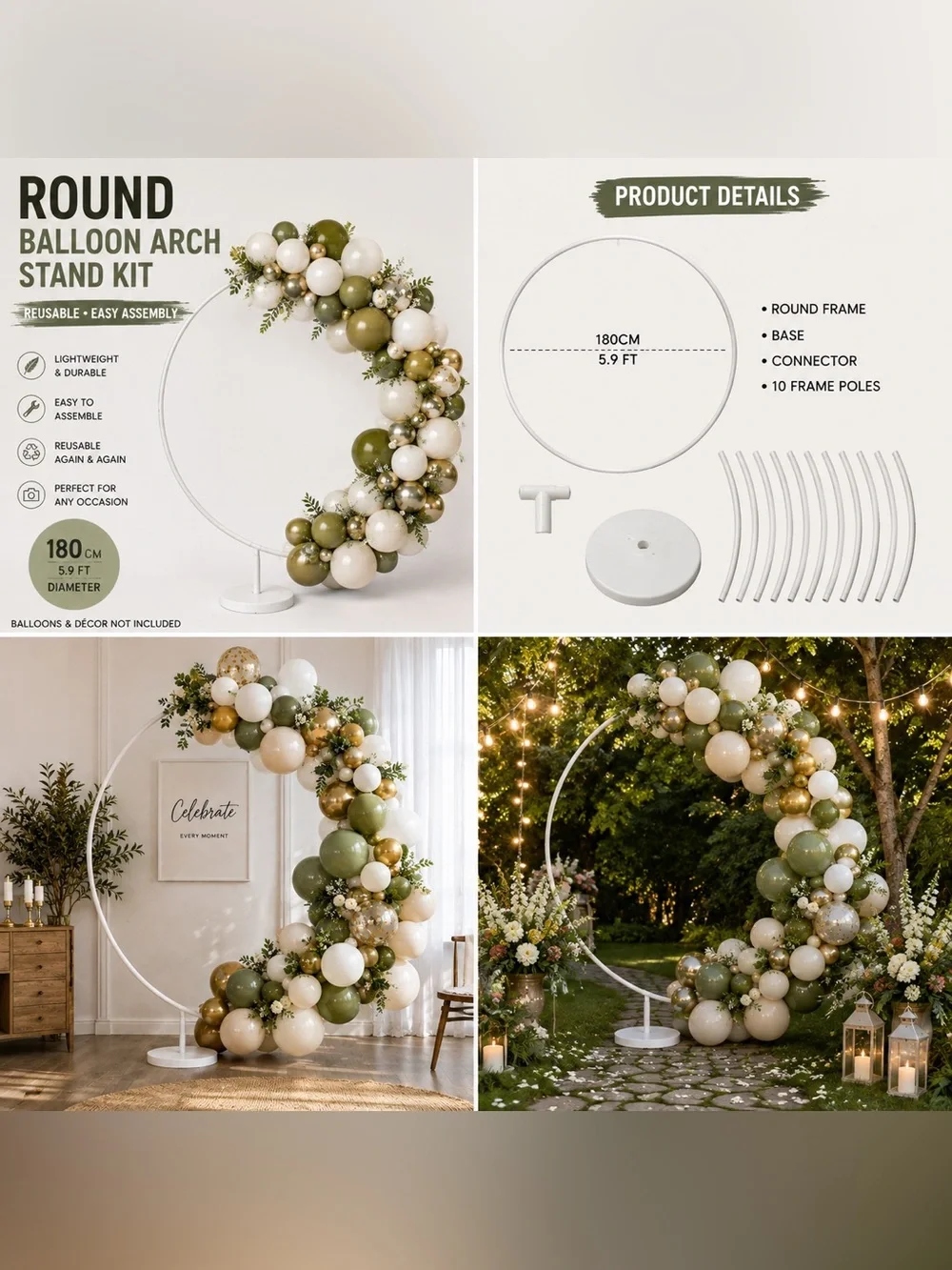 Round Balloon Arch Stand Kit – Party Wedding Birthday Backdrop Holder 5.9ft